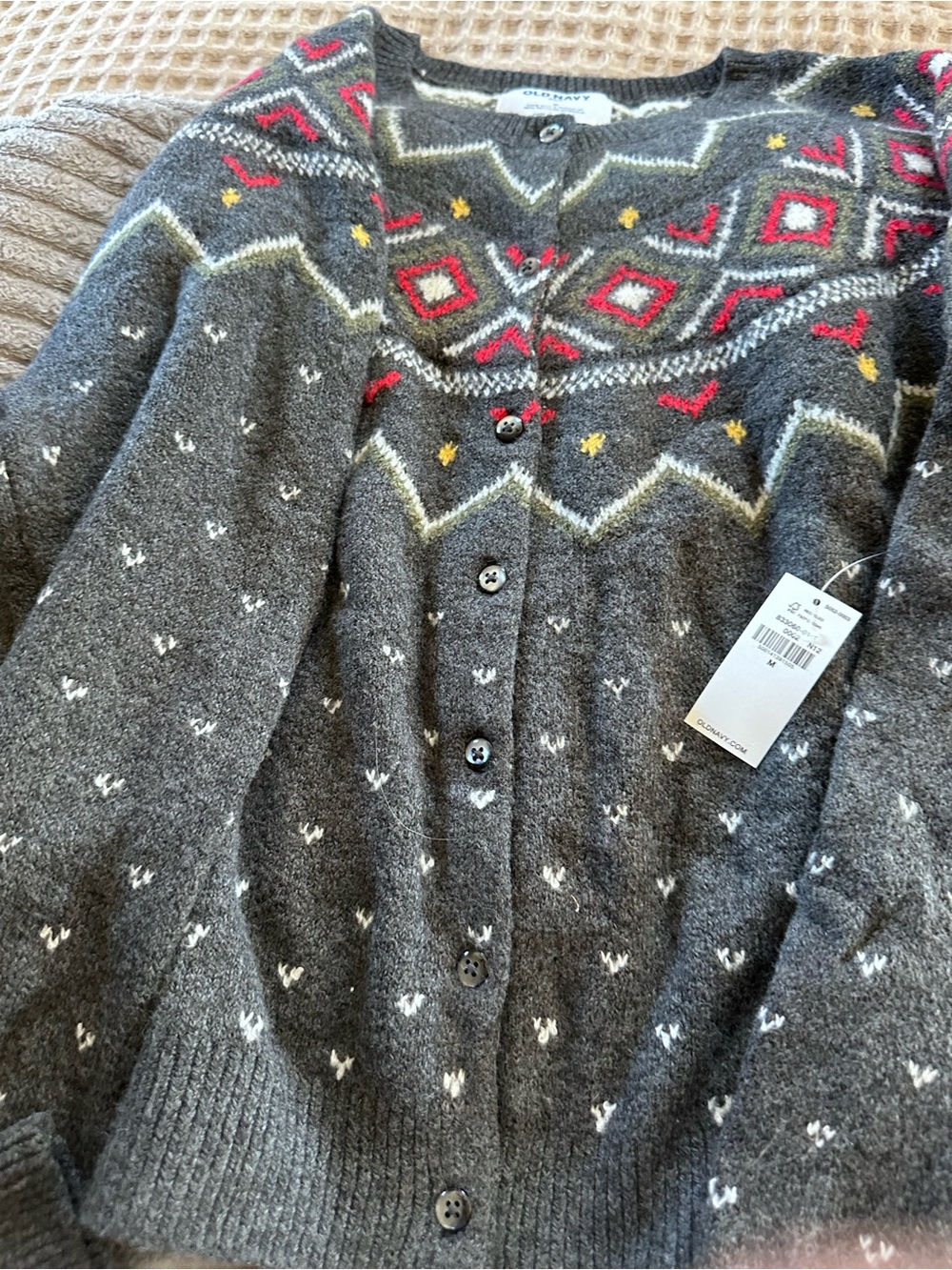 Women's Gray Fair Isle Button-Front Sweater Cardigan NWT